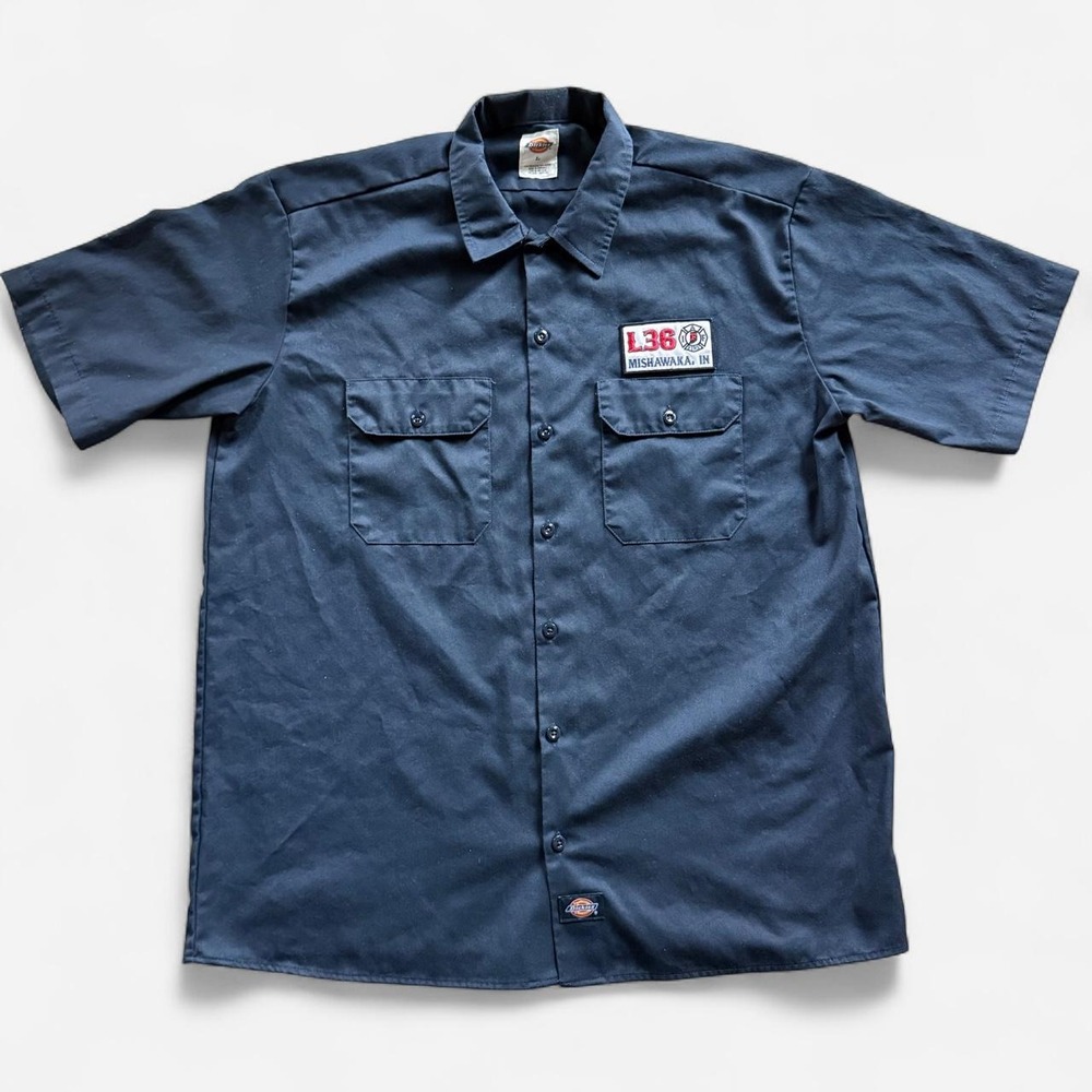 Dickies navy blue button-up shirt with embroidered patch on chest Size L